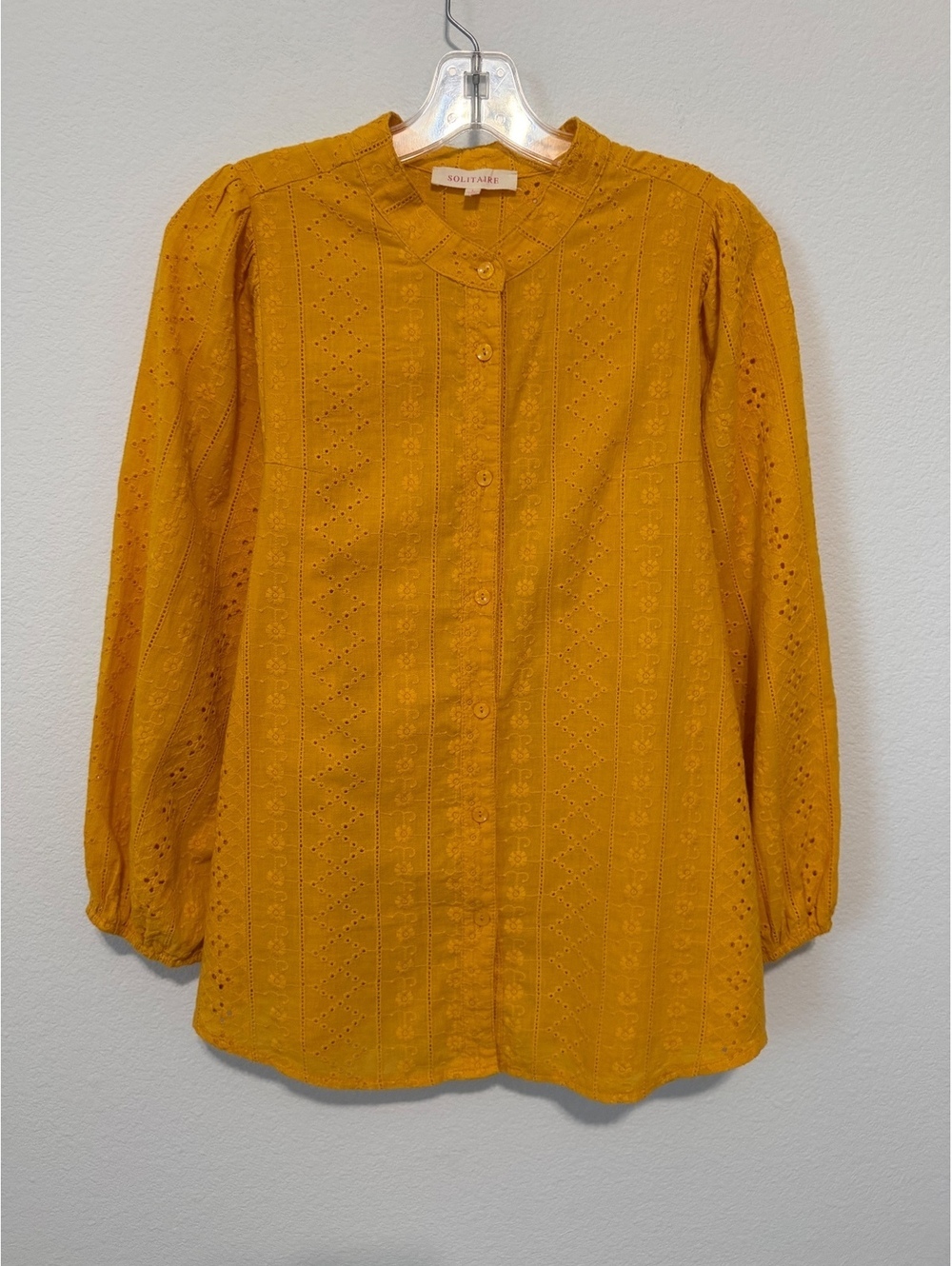 Solitaire Long Sleeve Button Up Band Collar Sheer Eyelet Boho Blouse Size L